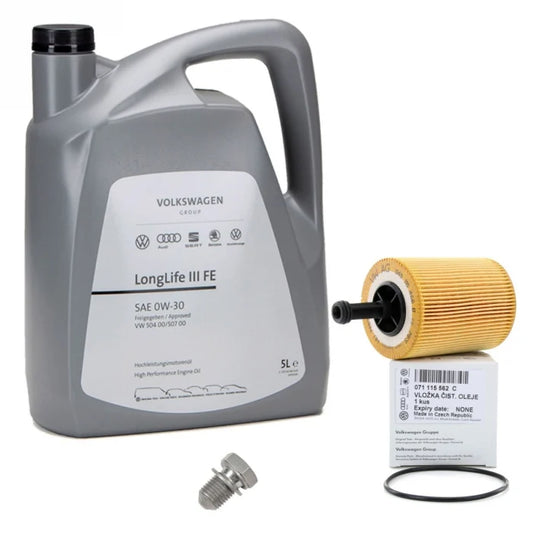 Pachet Revizie Vag Ulei Oe Motor Volkswagen Longlife III 0W-30 5L GS55545M4EUR + Filtru Ulei Volkswagen 071115562C + Buson Golire Baie Ulei Oe Volkswagen N90813202